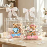 Personalized Pink Bow Ribbon Flower Girl Proposal Teddy Bear Clear Gift Bag with Name Wedding Birthday Gift for Family Kids