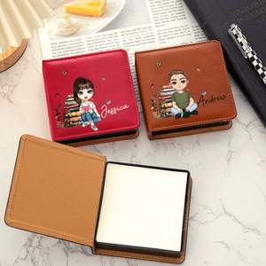 Personalized Cartoon Reading Character PU Leather Classic Sticky Notepad Holder with Name Desk Organizer Birthday Gift for Book Lovers Bookworms