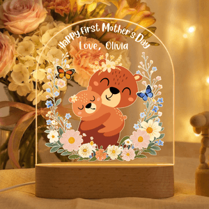 Personalized Cartoon Animal Floral Acrylic Night Light with Name and Wooden Base Room Decor Birthday Mother's Day Gift for Mom Baby