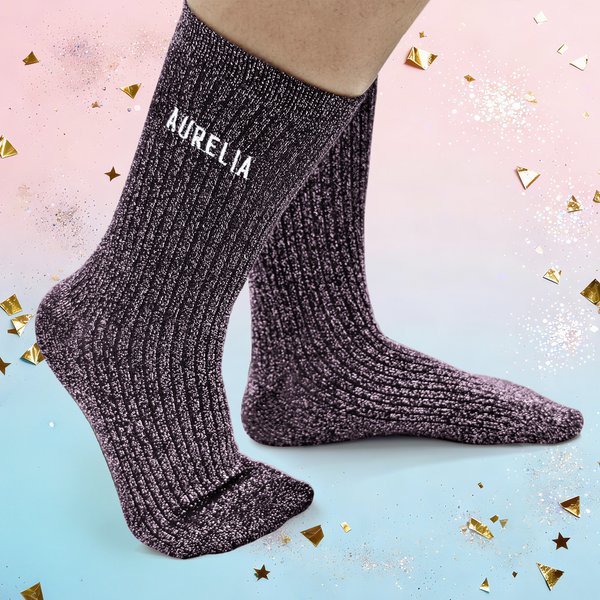 Personalised Embroidered Name Glitter Multicolour Mid-Calf Socks Soft Daily Wear Party Birthday Gift for Woman