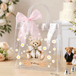 Personalized Pink Bow Ribbon Flower Girl Proposal Teddy Bear Clear Gift Bag with Name Wedding Birthday Gift for Family Kids