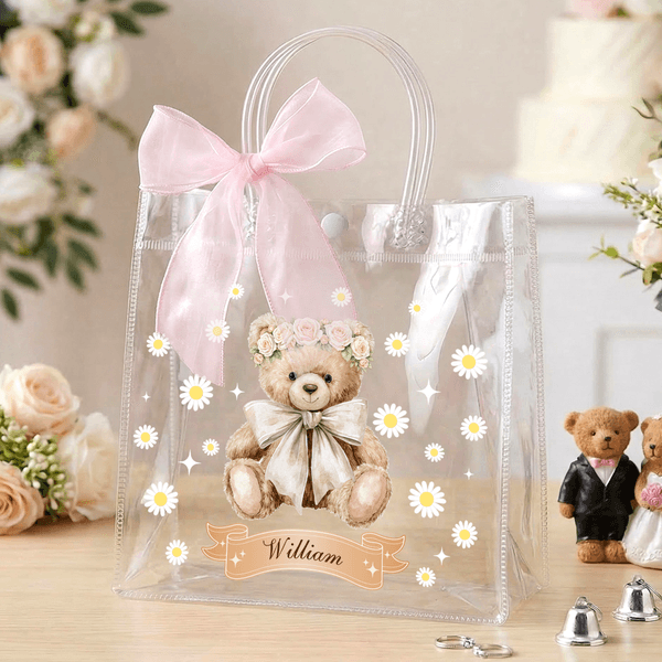 Personalized Pink Bow Ribbon Flower Girl Proposal Teddy Bear Clear Gift Bag with Name Wedding Birthday Gift for Family Kids