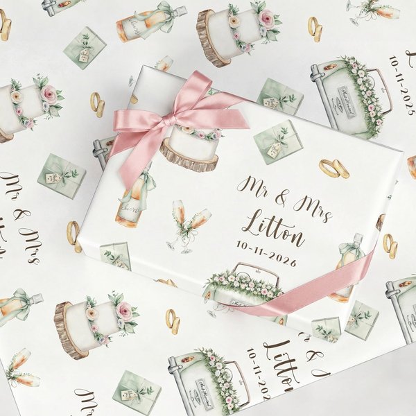 Personalized Mr & Mrs Waterproof Wrapping Paper with Family Name and Date Bridal Shower Wedding Anniversary Gift for Couple Bride Bridegroom