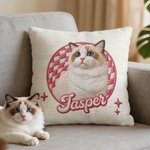 Personalizada linda mascota Foto Checkboard Imitación Bordado Efecto Arrojar Funda de almohada con nombre Decoración del hogar Regalo de cumpleaños para los amantes de las mascotas