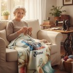 Personalised Sewing Machine Floral Initial Soft Throw Blanket with Name Mother's Day Birthday Gift for Mom Grandma Knitting Crochet Lover