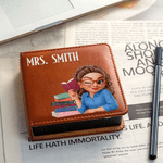 Personalised Cartoon Female Teacher PU Leather Classic Sticky Notepad Holder with Text Desk Organizer Back to School Gift for Teachers Educators