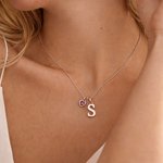 Personalised Initial Pendant Sterling Silver Necklace with Heart Birthstone Dainty Jewellery Anniversary Birthday Gift for Women