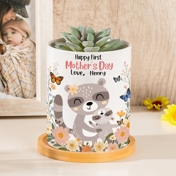 Pot de fleurs en céramique personnalisé avec nom et plateau en bambou pour la maison Cadeau de fête des mères pour maman