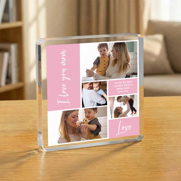 Personalised Multi-Colour 4 Photos Square Acrylic Plaque Desktop Ornament with Title and Text Mother's Day Birthday Gift for Mom Family