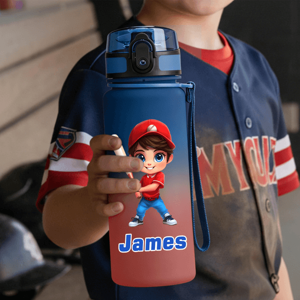 Personalized Cartoon Baseball Character Name Gradient Sports Water Bottle with Flip Top Lid and Strap Birthday Gift for Gym Fitness Baseball Lover