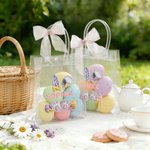 Personalised Pink Bow Ribbon Imitation Crochet Yarn Effect Easter Eggs Rabbit Clear Gift Bag with Name Easter Party Favors Gift for Kids