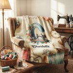 Personalised Sewing Machine Floral Initial Soft Throw Blanket with Name Mother's Day Birthday Gift for Mom Grandma Knitting Crochet Lover