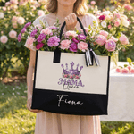 Personalised Mama Queen Floral Crown Portable Large Tote Bag with Name Travel Accessories Mother's Day Birthday Gift for Women Mom