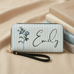 Personalized Birth Flower Striped PU Leather Wallet with Name Daily Use Birthday Gift for Mom Wife Grandmother