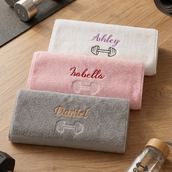 Personalized Barbell Outline 100% Cotton Gym Towel with Embroidered Name Daily Use Birthday Sport Gift for Fitness Enthusiast Weightlifter