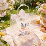 Personalised Pink Bow Ribbon Imitation Crochet Yarn Effect Easter Eggs Rabbit Clear Gift Bag with Name Easter Party Favors Gift for Kids