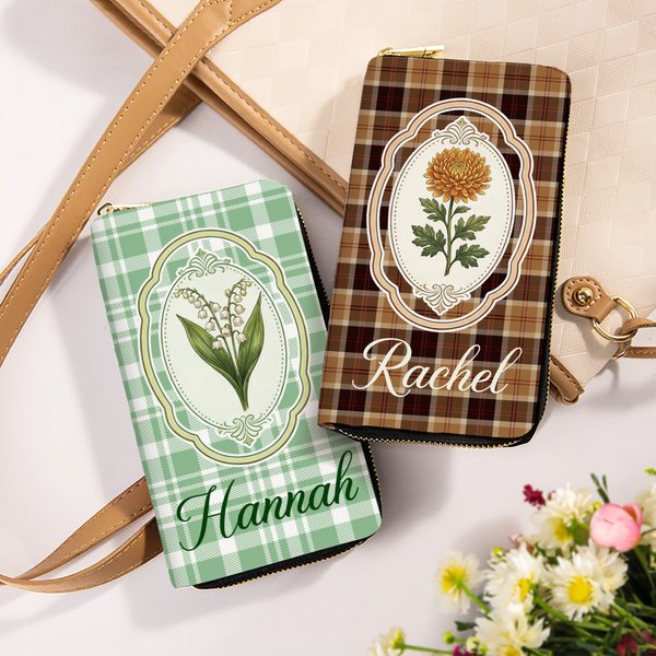 Personalised Exquisite Vintage Plaid Birth Flower Multi-Compartment PU Leather Wallet with Name  Mother's Day Birthday Gift for Mom Grandmother