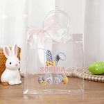 Personalised Pink Bow Ribbon Imitation Crochet Yarn Effect Easter Eggs Rabbit Clear Gift Bag with Name Easter Party Favors Gift for Kids