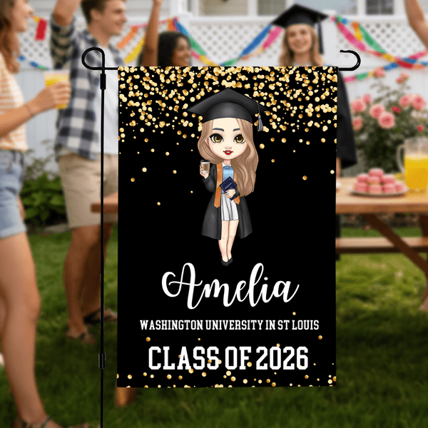 Personalised Cartoon Graduate Garden Flag with Text and Year Outdoor Yard Decor Graduation Gift for Graduates