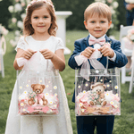 Personalized Pink Bow Ribbon Flower Girl Proposal Teddy Bear Clear Gift Bag with Name Wedding Birthday Gift for Family Kids