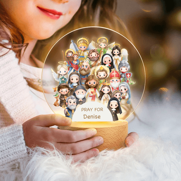 Personalised Watercolour Cartoon Holy Saints of Heaven LED Night Light with Name and Wooden Base Room Decor Birthday Gift for Newborns Catholics