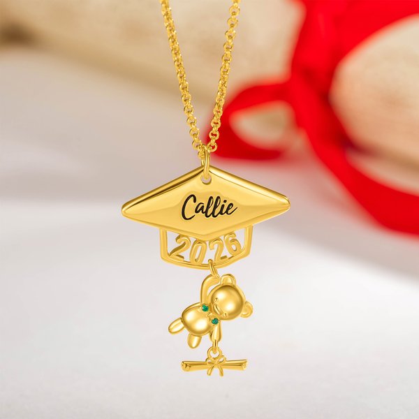 Collier Personnalisé avec Pierre de Naissance et Nom Collier de Ours Cadeau de Graduation pour Elle