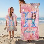 Personalized Cartoon Mermaid Initial Quick Dry Beach Towel with Name Travel Essentials Beach Party Birthday Gift for Girls