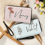 Personalized Birth Flower Striped PU Leather Wallet with Name Daily Use Birthday Gift for Mom Wife Grandmother