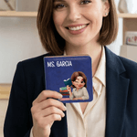 Personalised Cartoon Female Teacher PU Leather Classic Sticky Notepad Holder with Text Desk Organizer Back to School Gift for Teachers Educators