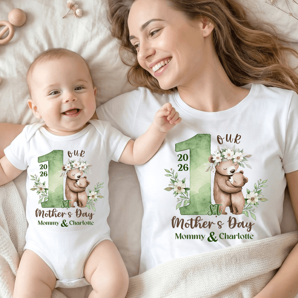 Personalised Cute Teddy Bear 100% Cotton T-shirt Baby Bodysuit with Name Birthday 1st Mother's Day Gift for Mother Baby