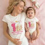 Personalised 1st Mother's Day Animal Mom Baby 100% Cotton T-shirt Baby Bodysuit Matching Outfit with Names and Year Mother's Day Gift for Baby Mom