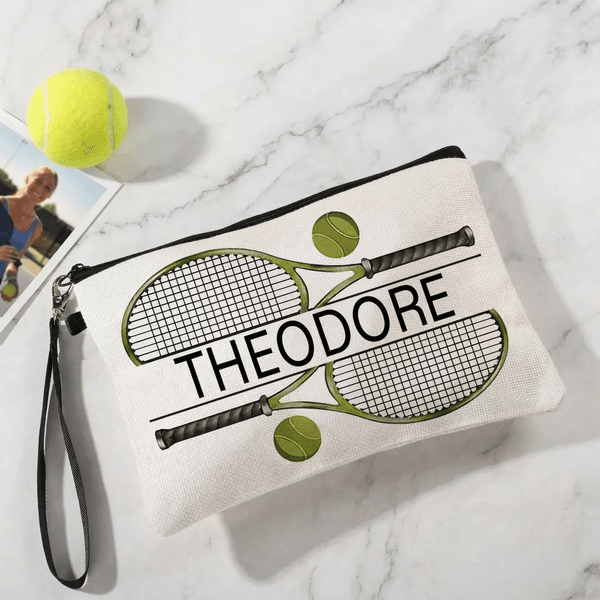 Personalised Tennis Theme Makeup Bag with Name and Wrist Strap Travel Essentials Birthday Gift for Tennis Lovers