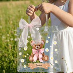 Personalized Pink Bow Ribbon Flower Girl Proposal Teddy Bear Clear Gift Bag with Name Wedding Birthday Gift for Family Kids