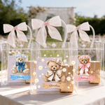 Personalized Pink Bow Ribbon Flower Girl Proposal Teddy Bear Clear Gift Bag with Name Wedding Birthday Gift for Family Kids