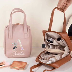 Personalisierte Geburt Blume PU Leder Handheld Make-up Tasche mit Namen Geburtstag Muttertag Geschenk für Frau Freundin Schwester Mama