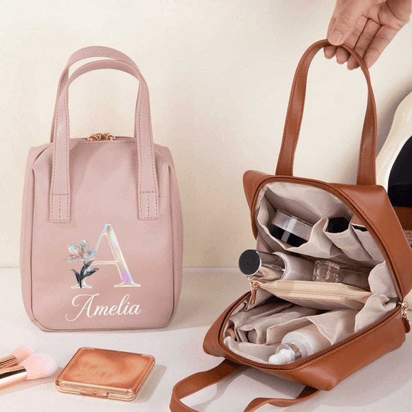 Personalised Birth Flower PU Leather Handheld Makeup Bag with Name Birthday Mother's Day Gift for Woman Girlfriend Sister Mom