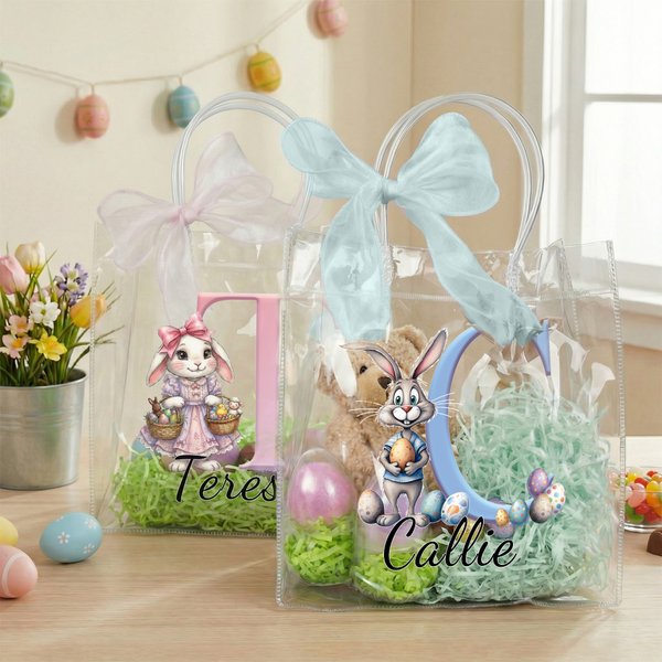 Personalized Cute Easter Bunny Clear Gift Bag with Name and Initial Easter Party Favors Gift for Kids