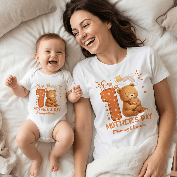 Personalised 1st Mother's Day Animal Mom Baby 100% Cotton T-shirt Baby Bodysuit Matching Outfit with Names and Year Mother's Day Gift for Baby Mom