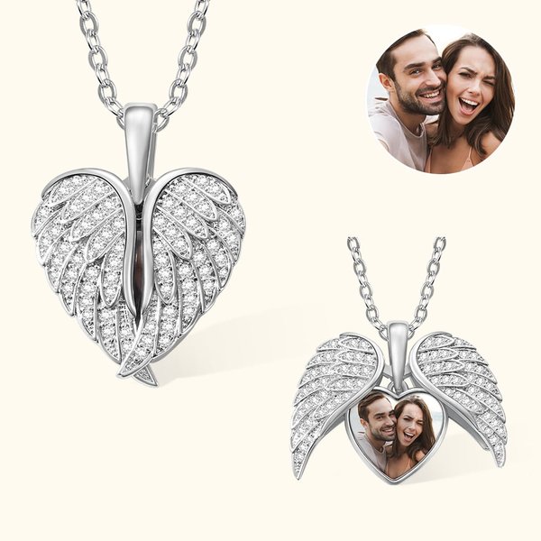 Engel, Ewigkeit, Erinnerung | Personalisierte Herz-Engelsflügel Halskette mit Foto Medaillon | Schmuck | Jahrestag Geburtstag Geschenk für Frauen