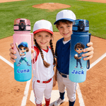 Personalized Cartoon Baseball Character Name Gradient Sports Water Bottle with Flip Top Lid and Strap Birthday Gift for Gym Fitness Baseball Lover