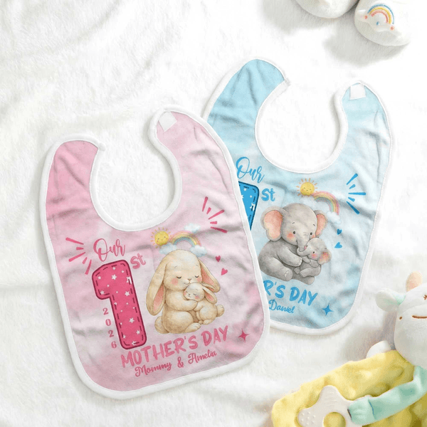Personalized Our 1st Mother's Day Cute Animal 100% Cotton Baby Bib with Names and Year Feeding Accessory First Mother's Day Gift for Newborn