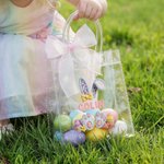 Personalised Pink Bow Ribbon Imitation Crochet Yarn Effect Easter Eggs Rabbit Clear Gift Bag with Name Easter Party Favors Gift for Kids