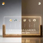 Personalised Grandma's Garden Birth Flower Rectanglar Acrylic LED Night Light with Wooden Base and Name Mother's Day Gift for Mom Grandma