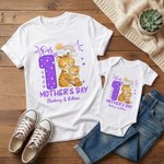 Personalised 1st Mother's Day Animal Mom Baby 100% Cotton T-shirt Baby Bodysuit Matching Outfit with Names and Year Mother's Day Gift for Baby Mom