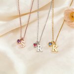Personalised Initial Pendant Sterling Silver Necklace with Heart Birthstone Dainty Jewellery Anniversary Birthday Gift for Women