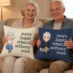 Personalized Cartoon Character Soft Throw Pillow Cover with 1-13 Names Home Decor Mother's Day Birthday Gift for Mom Grandma