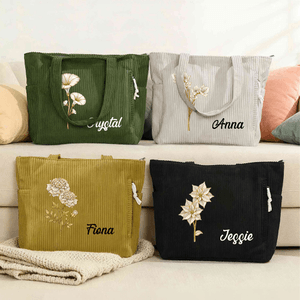 Personlig Födelseblomma Corduroy Stor kapacitet Tote Bag med namn Daglig användning Födelsedagspresent för kvinnor Bästa vän