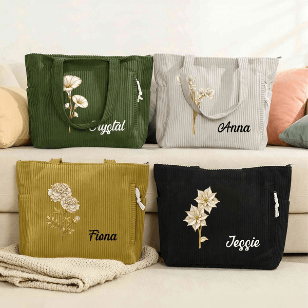 Henkilökohtainen Syntymä Kukka Corduroy Suuri kapasiteetti Kangaskassi nimi Päivittäinen käyttö Syntymäpäivä lahja naisille paras ystävä