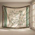 Personalised Line Art Style Moss Green Percy Stripes Adventure Awaits Tassel Soft Throw Blanket with Texts Birthday Camping Gift for Nature Lovers
