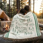 Personalised Line Art Style Moss Green Percy Stripes Adventure Awaits Tassel Soft Throw Blanket with Texts Birthday Camping Gift for Nature Lovers